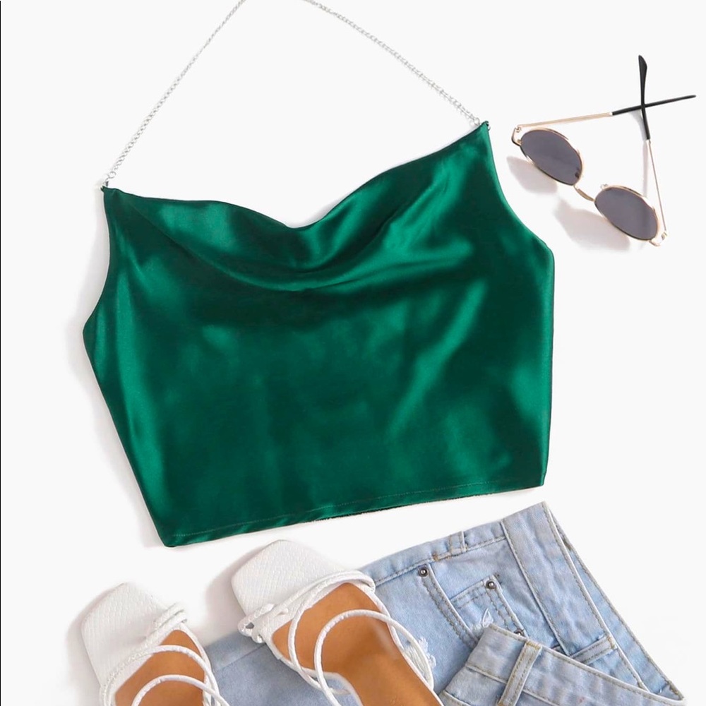 Silk Emerald Green halter top with silver chain